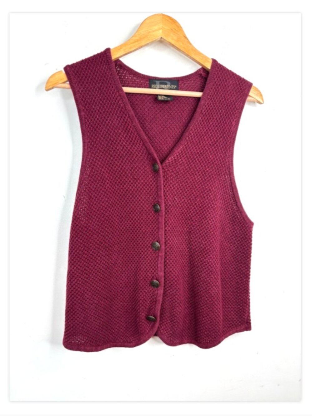 VTG 90s Requirements Sweater Vest L Burgundy Ramie Cotton Seed Stitch Button Up